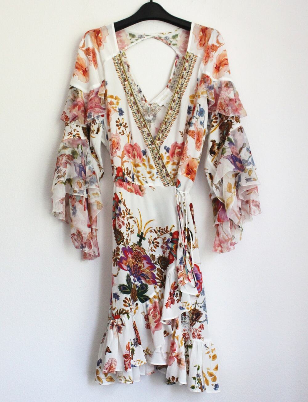 Camilla cutout crystal-embellished printed mini wrap dress, Size L NWT
